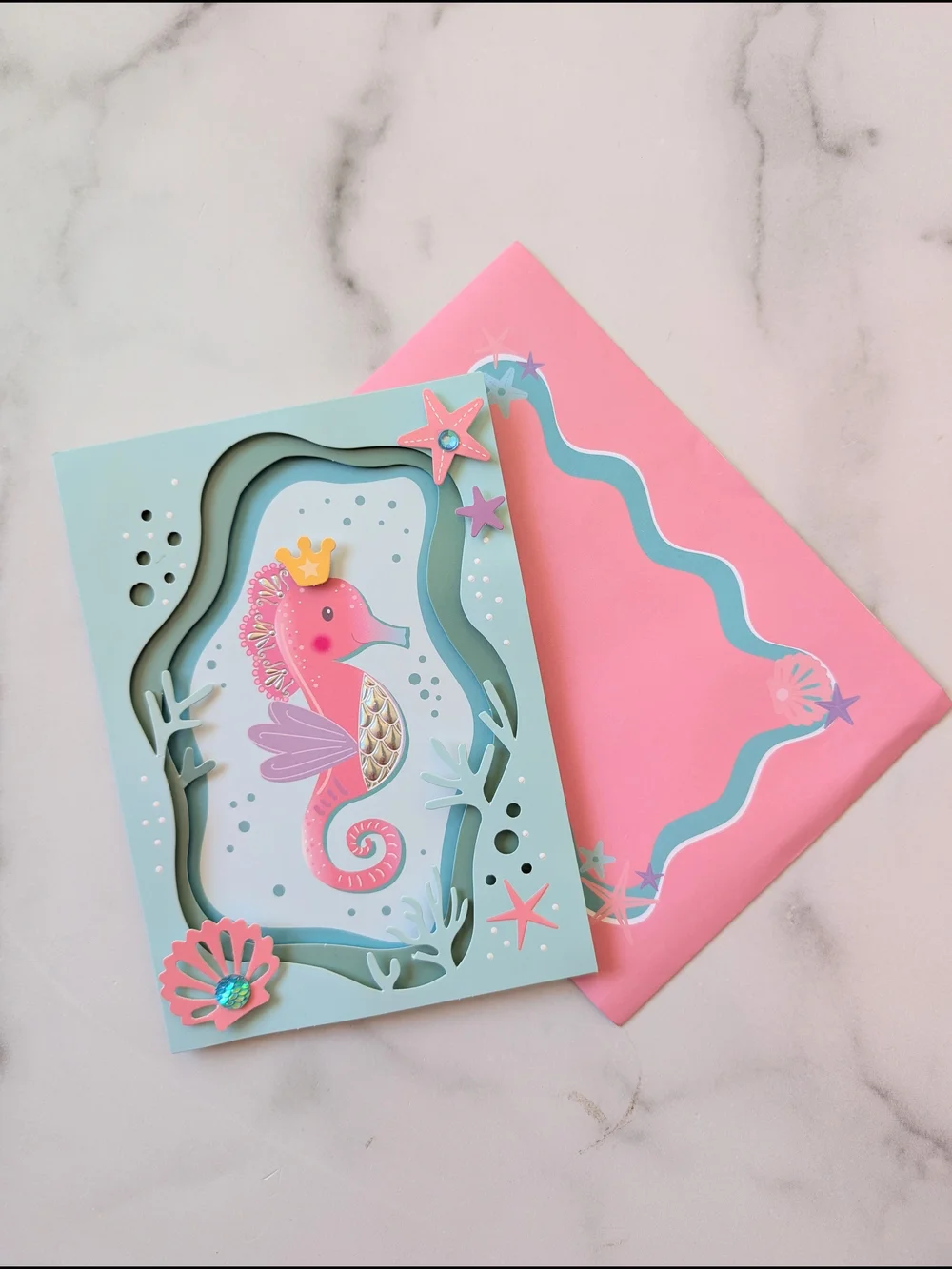 Pink Seahorse Pop-Up Card with Envelope